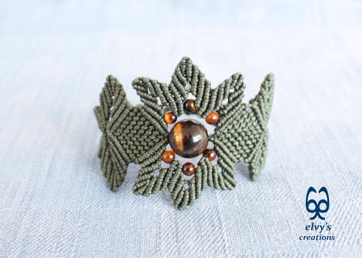 Green Macrame Bracelet Tiger's Eye Gemstones Adjustable Lace Bracelet Birthday Gift for Women