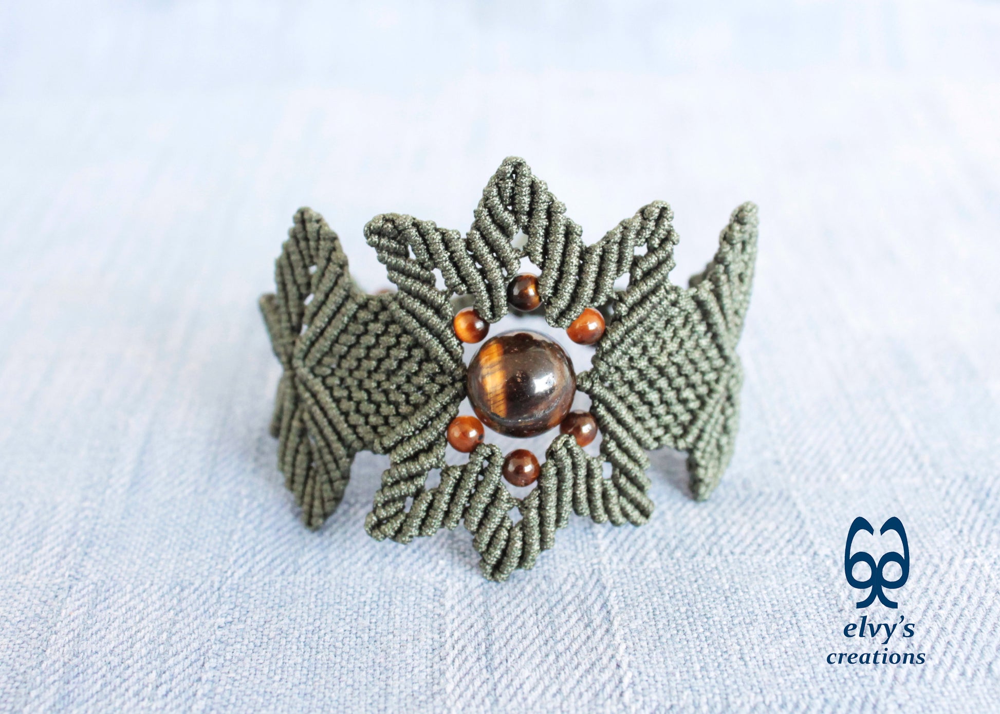 Green Macrame Bracelet Tiger's Eye Gemstones Adjustable Lace Bracelet Birthday Gift for Women