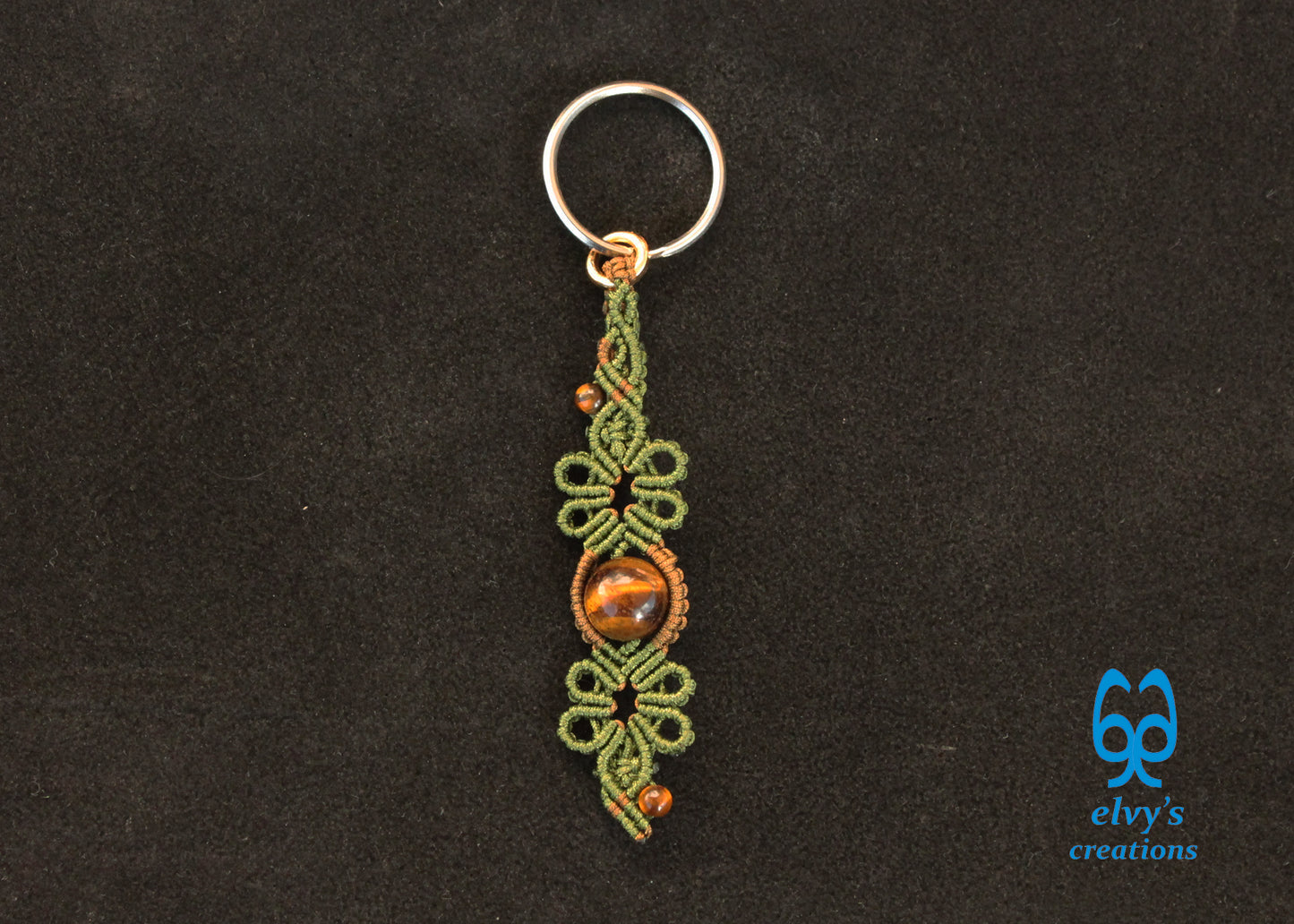 Green and Gold Macramé Key Chain with Tiger Eye Gemstone