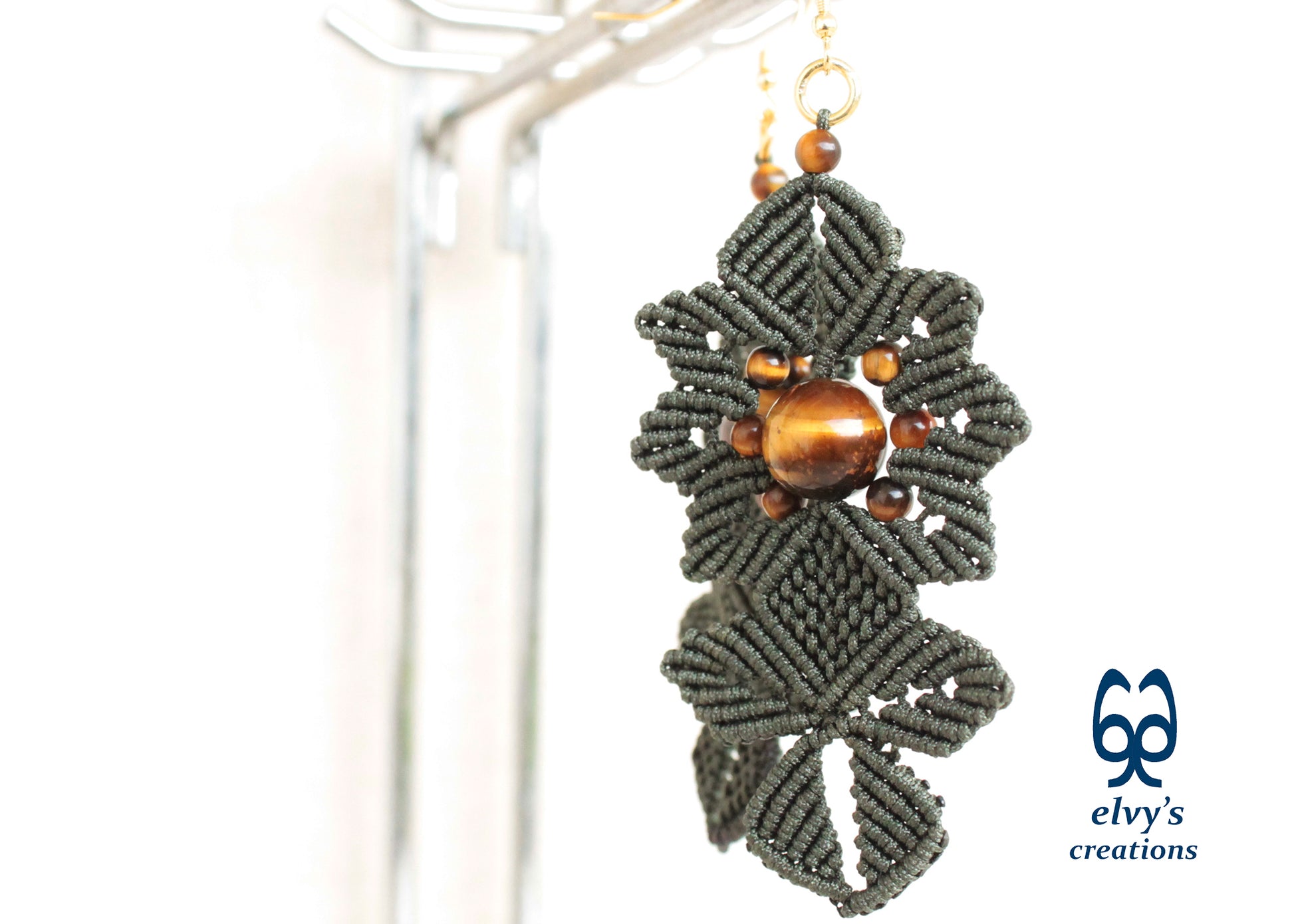 Green Macrame Earrings Tiger's Eye Gemstones Dangle Flower Earrings Green Lace Earrings Birthday Gift for Women