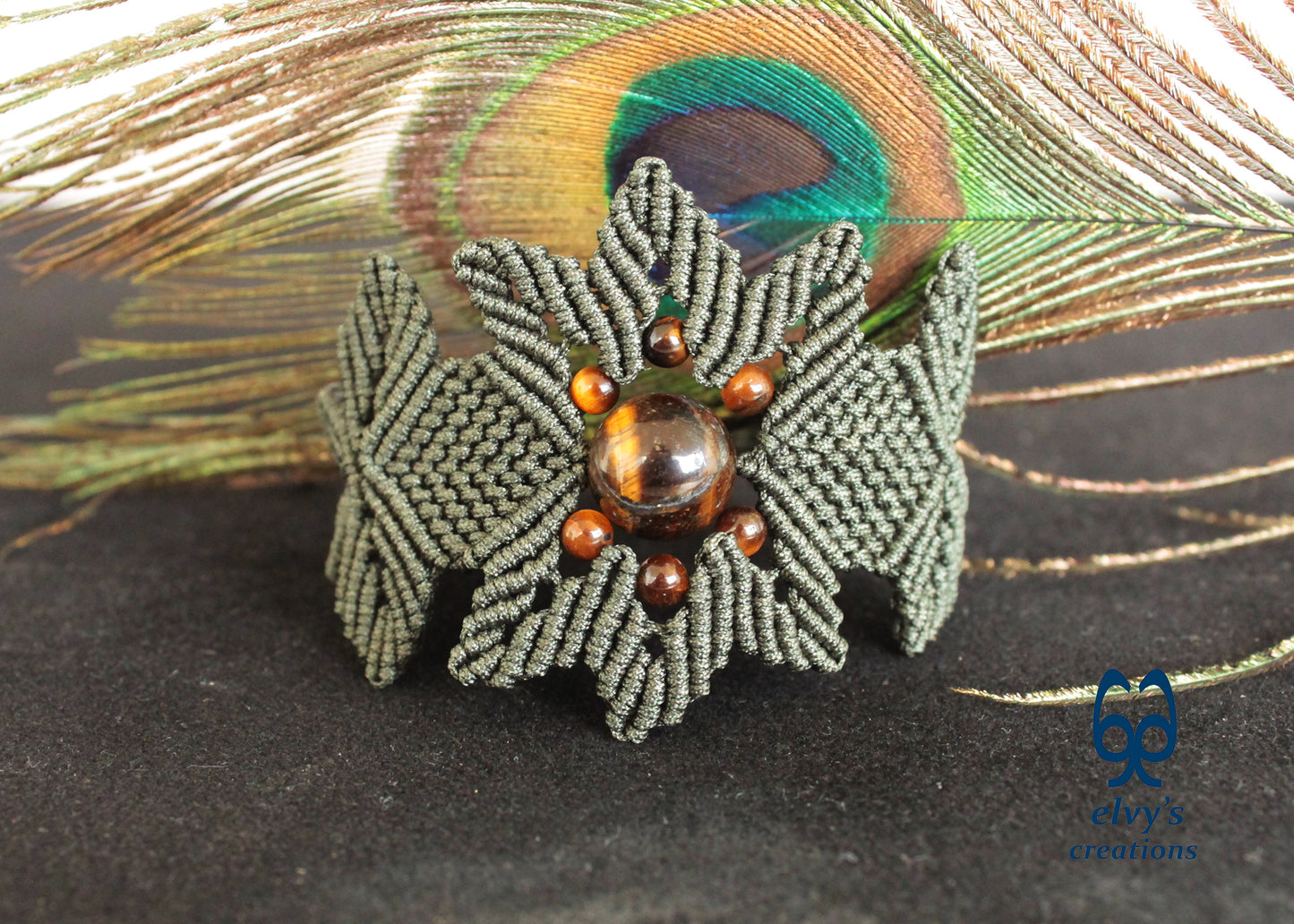 Green Macrame Bracelet Tiger's Eye Gemstones Adjustable Lace Bracelet Birthday Gift for Women