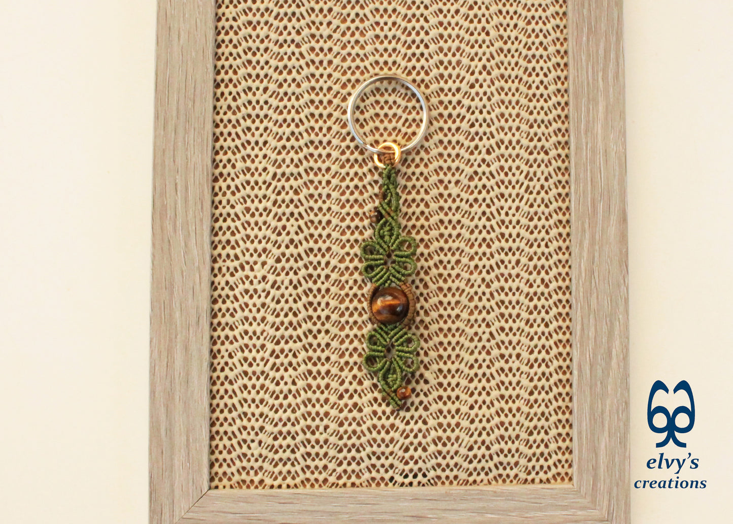 Green and Gold Macramé Key Chain with Tiger Eye Gemstone