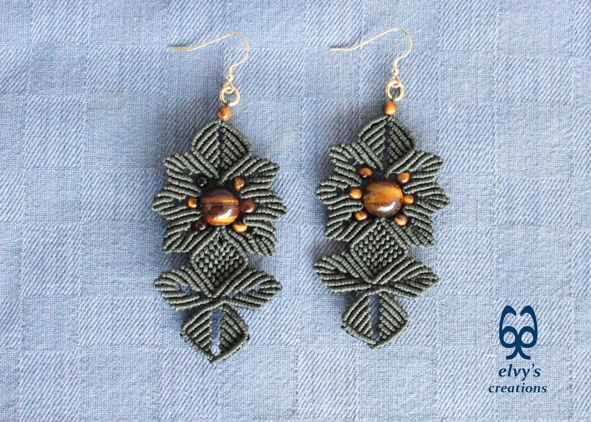 Green Macrame Earrings Tiger's Eye Gemstones Dangle Flower Earrings Green Lace Earrings Birthday Gift for Women