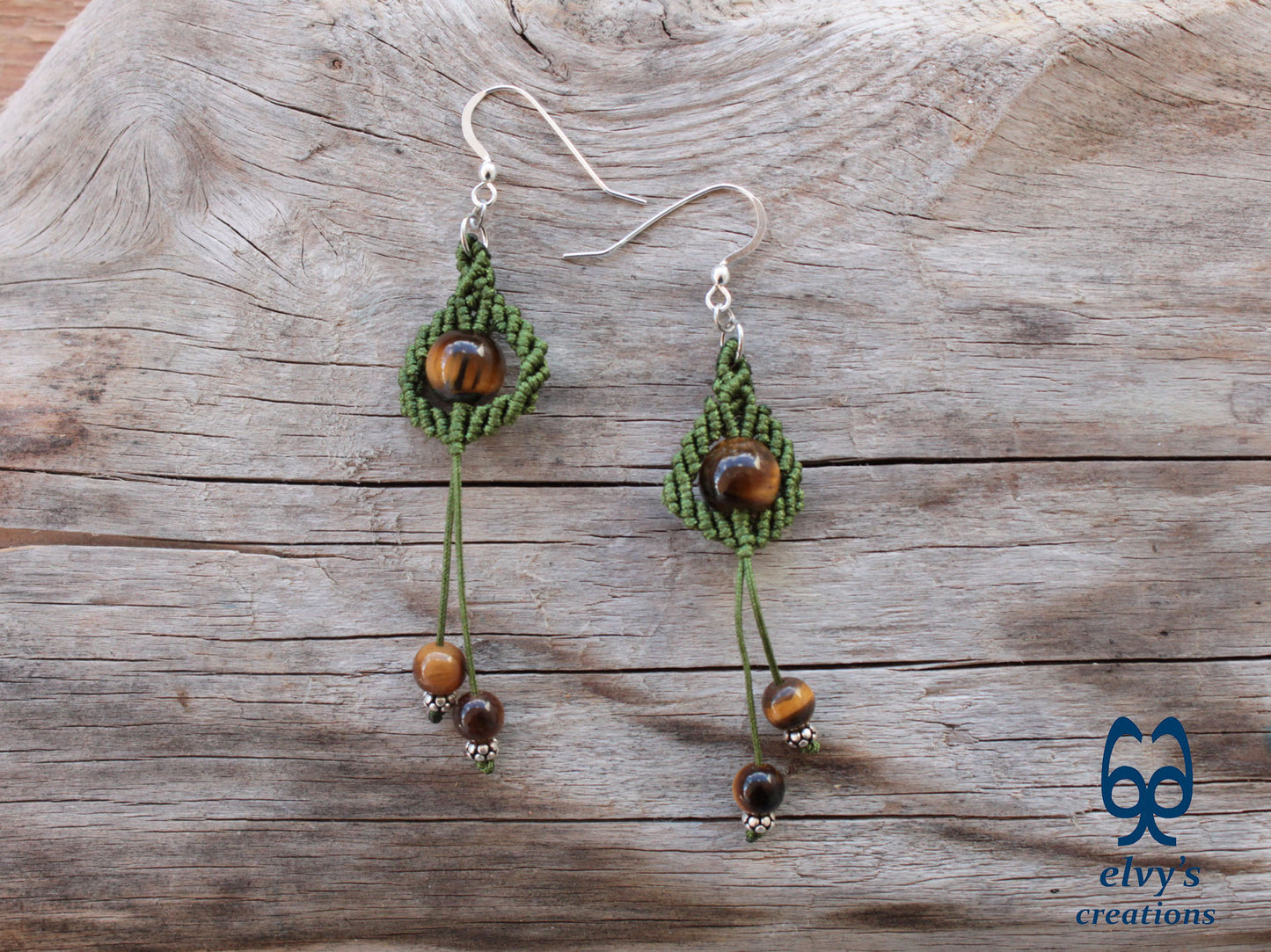 Handmade Green Macrame Earrings with Long Dangle Tiger Eye Gemstones