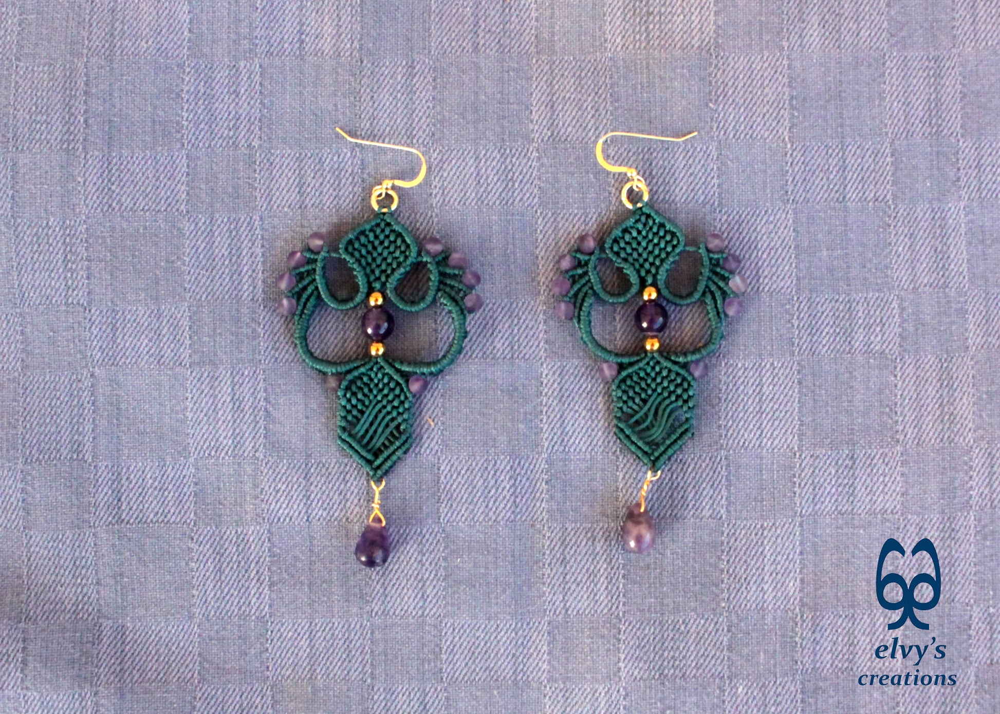 Emerald Green Macrame Dangle Earrings with Purple Amethyst Gemstones