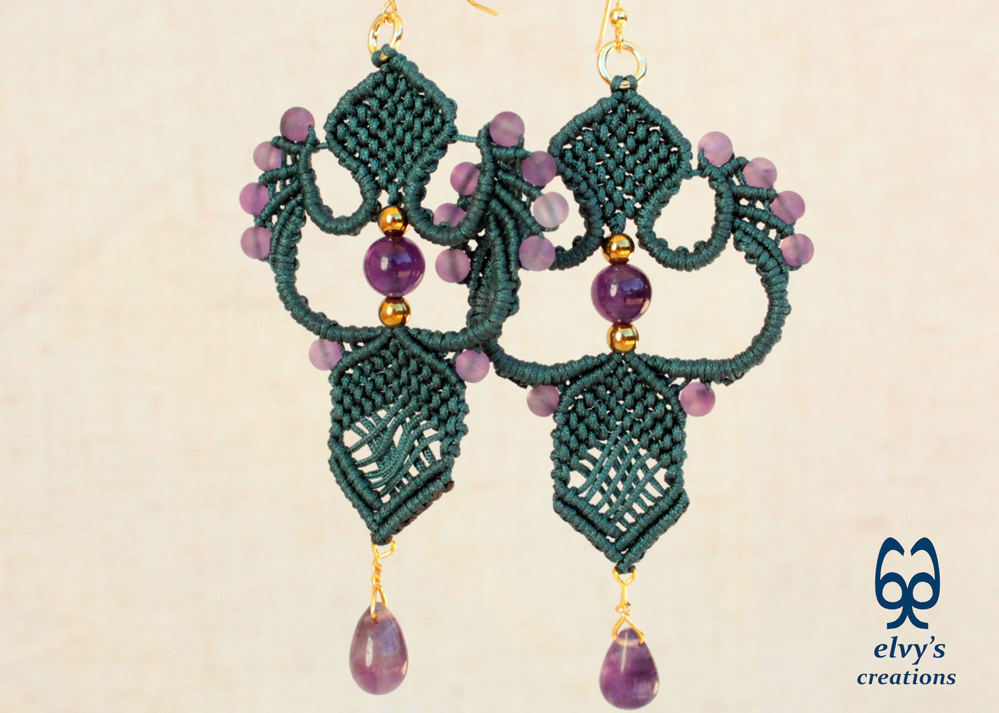 Emerald Green Macrame Dangle Earrings with Purple Amethyst Gemstones