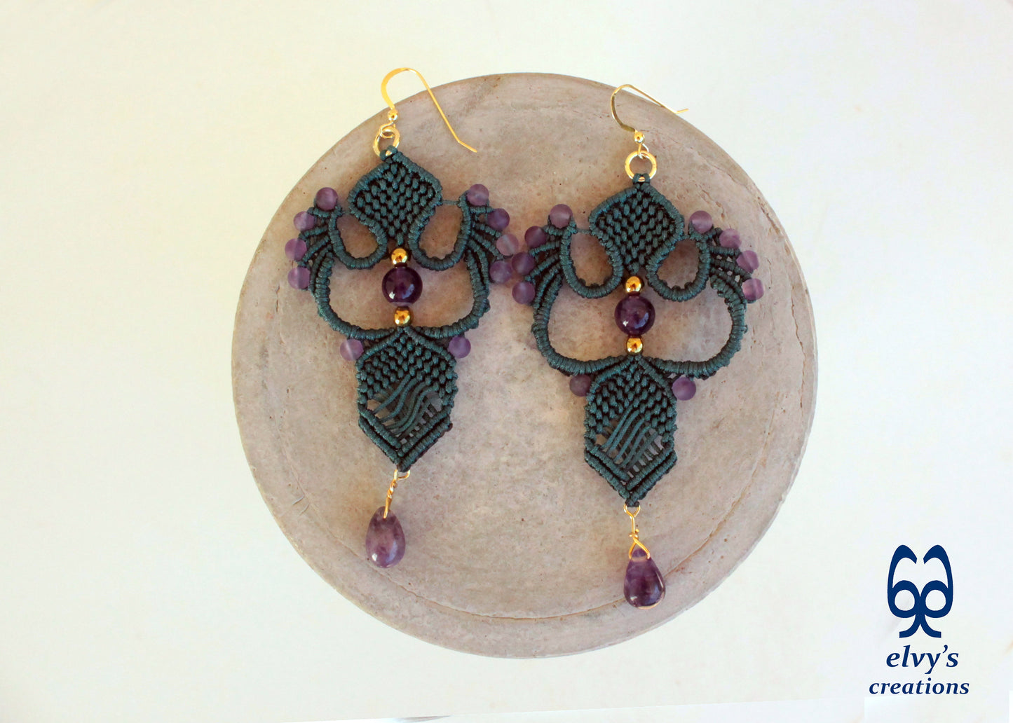 Emerald Green Macrame Dangle Earrings with Purple Amethyst Gemstones