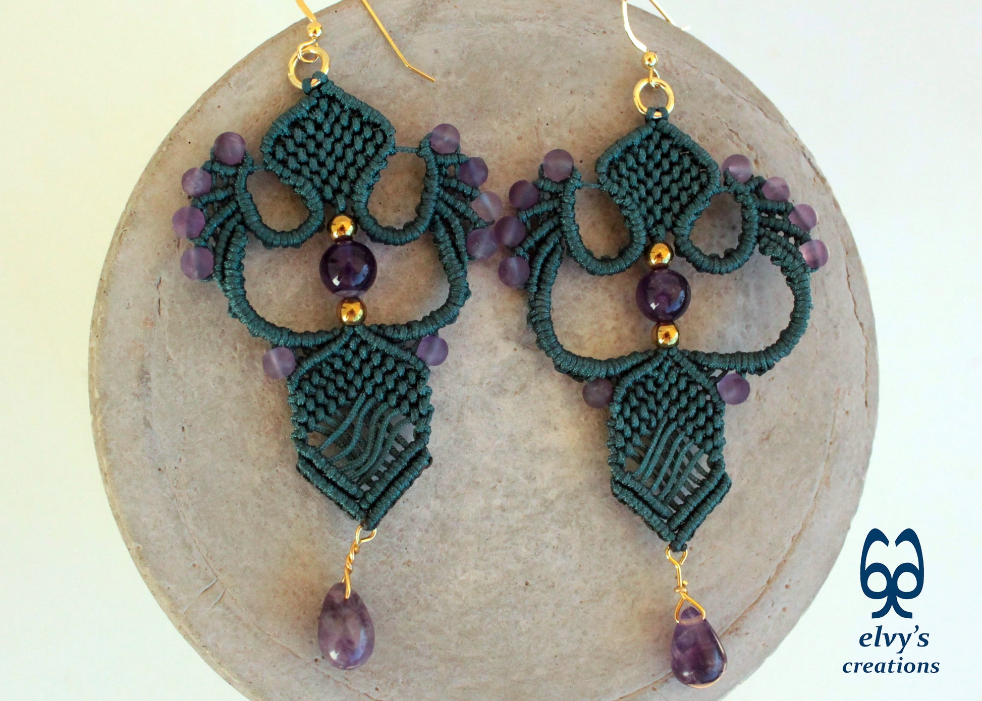 Emerald Green Macrame Dangle Earrings with Purple Amethyst Gemstones