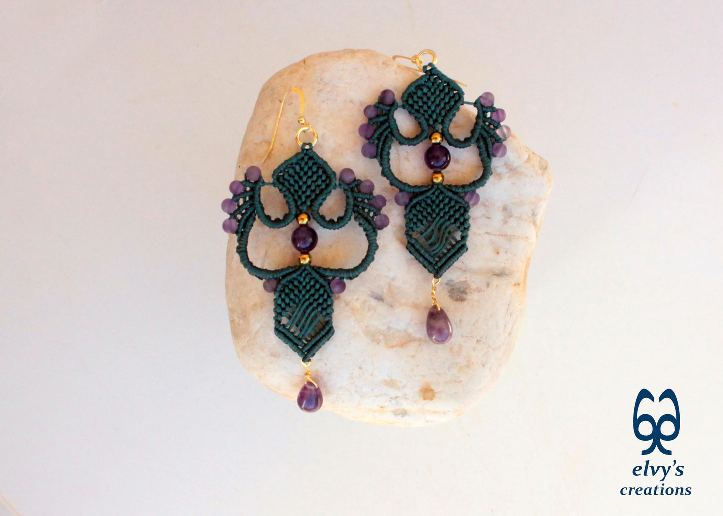 Emerald Green Macrame Dangle Earrings with Purple Amethyst Gemstones