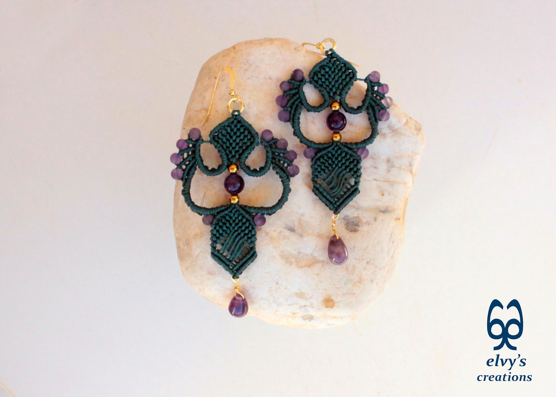 Emerald Green Macrame Dangle Earrings with Purple Amethyst Gemstones