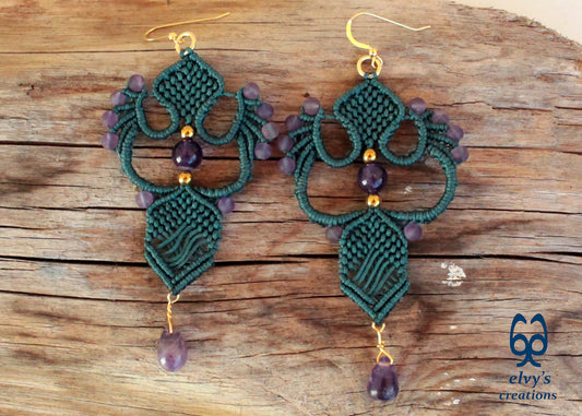 Emerald Green Macrame Dangle Earrings with Purple Amethyst Gemstones