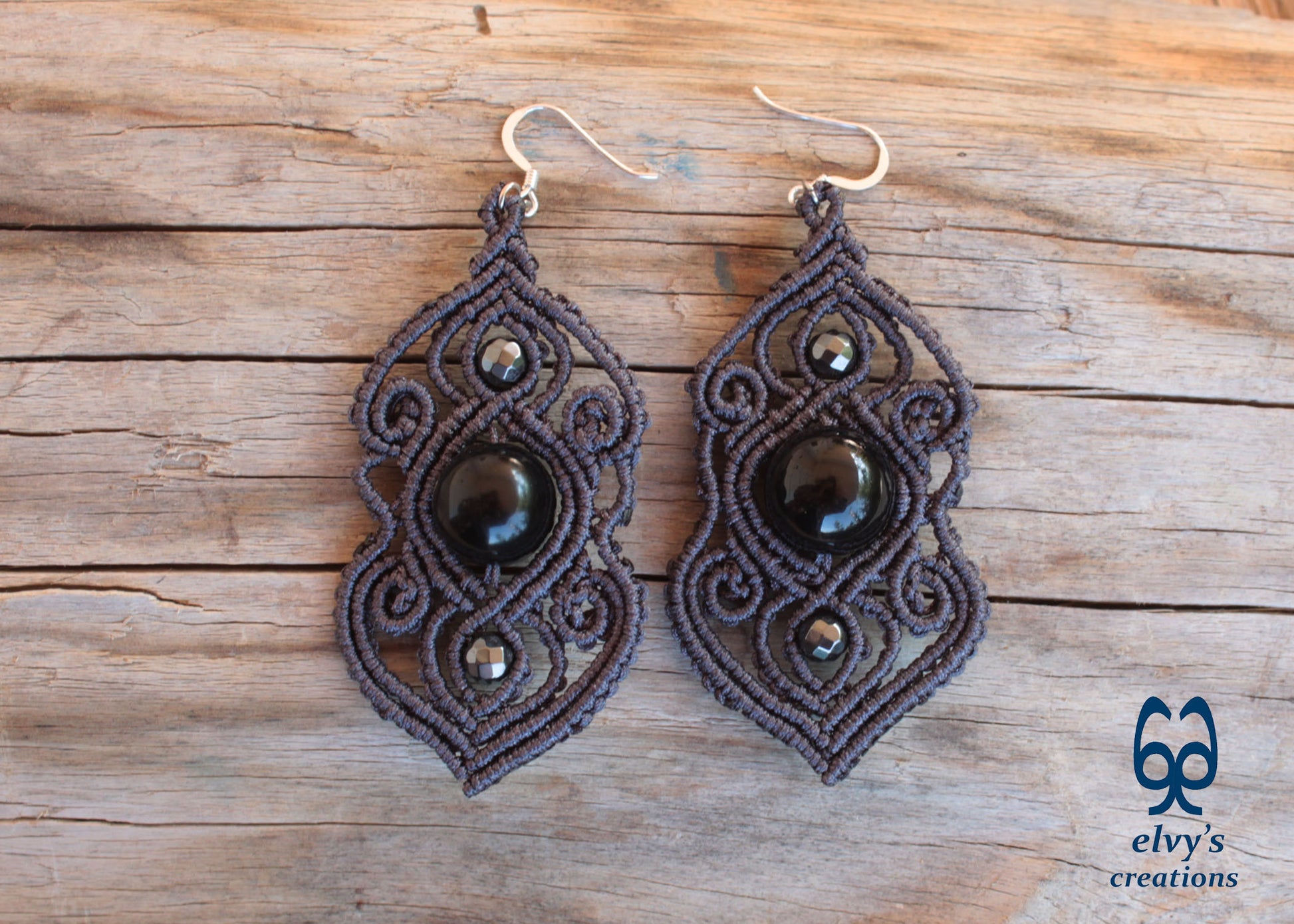 Handmade Grey Macramé Earrings with Black Onyx Gemstones, Silver Macramé Bohemian Earrings