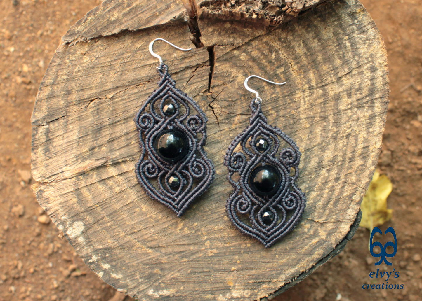 Handmade Grey Macramé Earrings with Black Onyx Gemstones, Silver Macramé Bohemian Earrings
