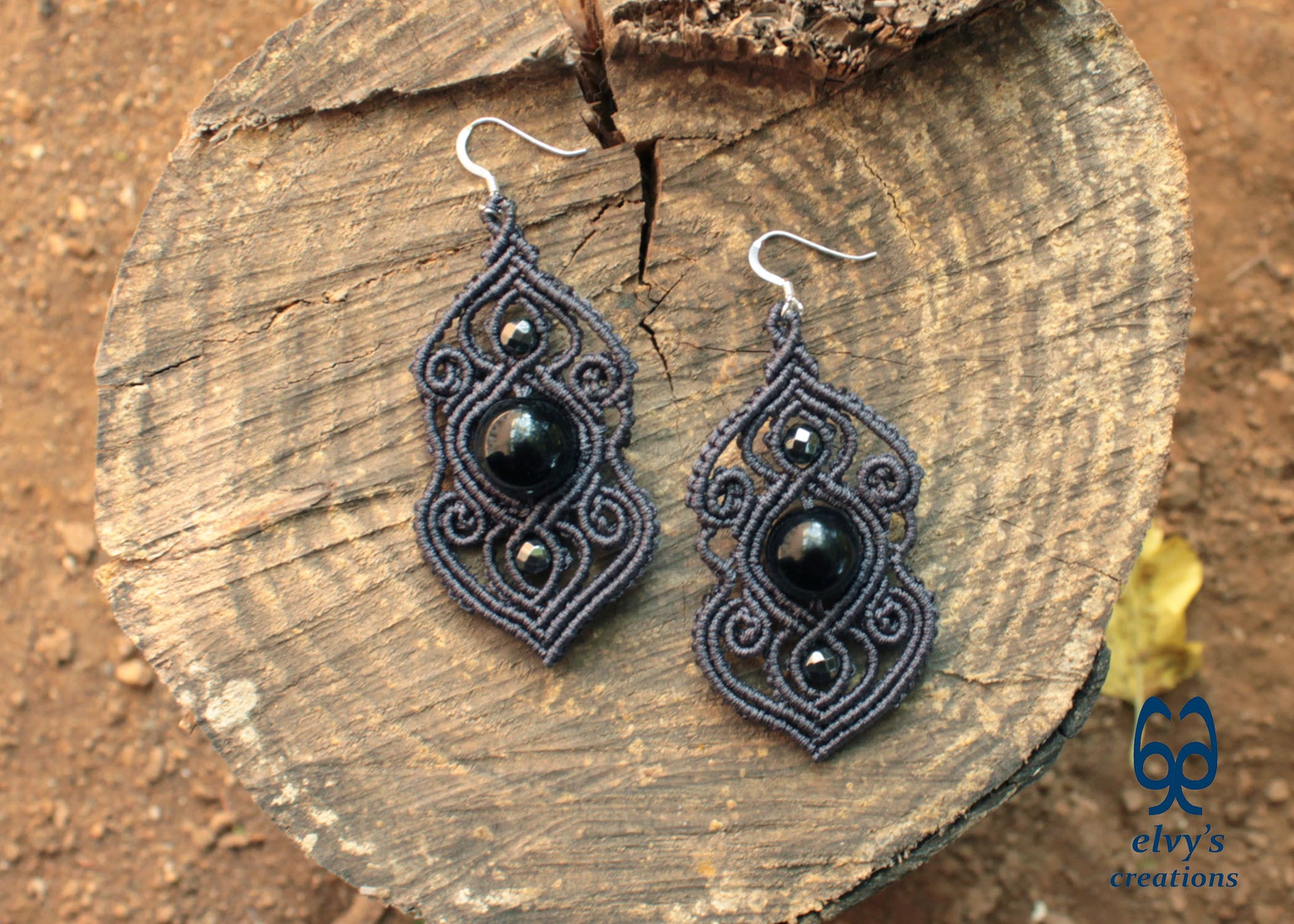 Handmade Grey Macramé Earrings with Black Onyx Gemstones, Silver Macramé Bohemian Earrings