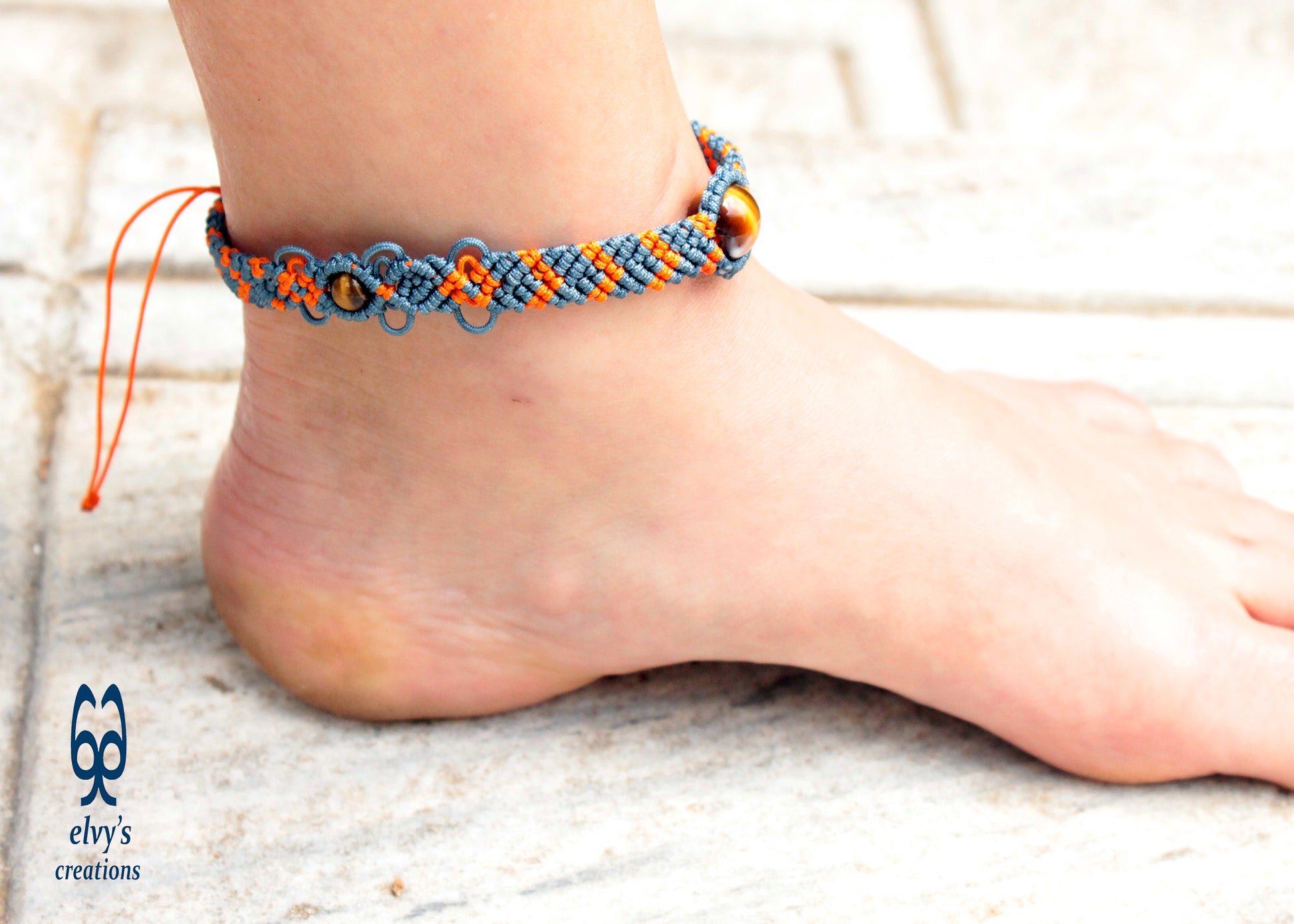 Orange and Gray Bracelet with Tiger Eye Natural Gem Adjustable Beaded Cuff Anklet for Women