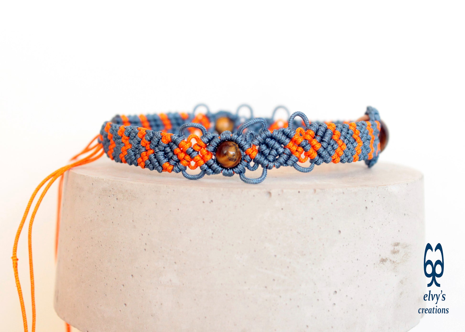 Orange and Gray Bracelet with Tiger Eye Natural Gem Adjustable Beaded Cuff Anklet for Women