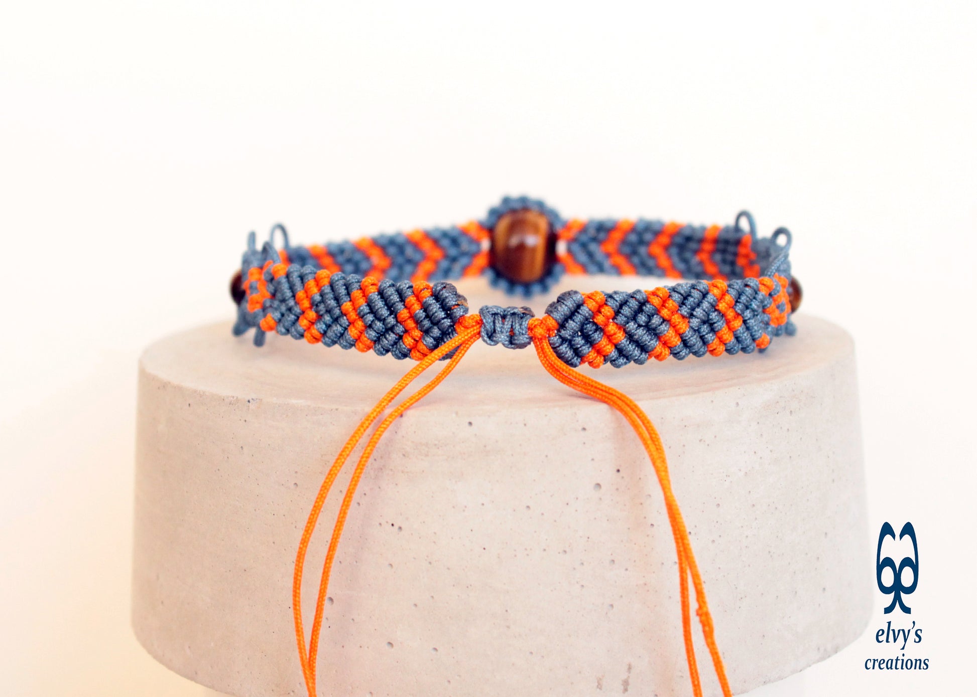 Orange and Gray Bracelet with Tiger Eye Natural Gem Adjustable Beaded Cuff Anklet for Women