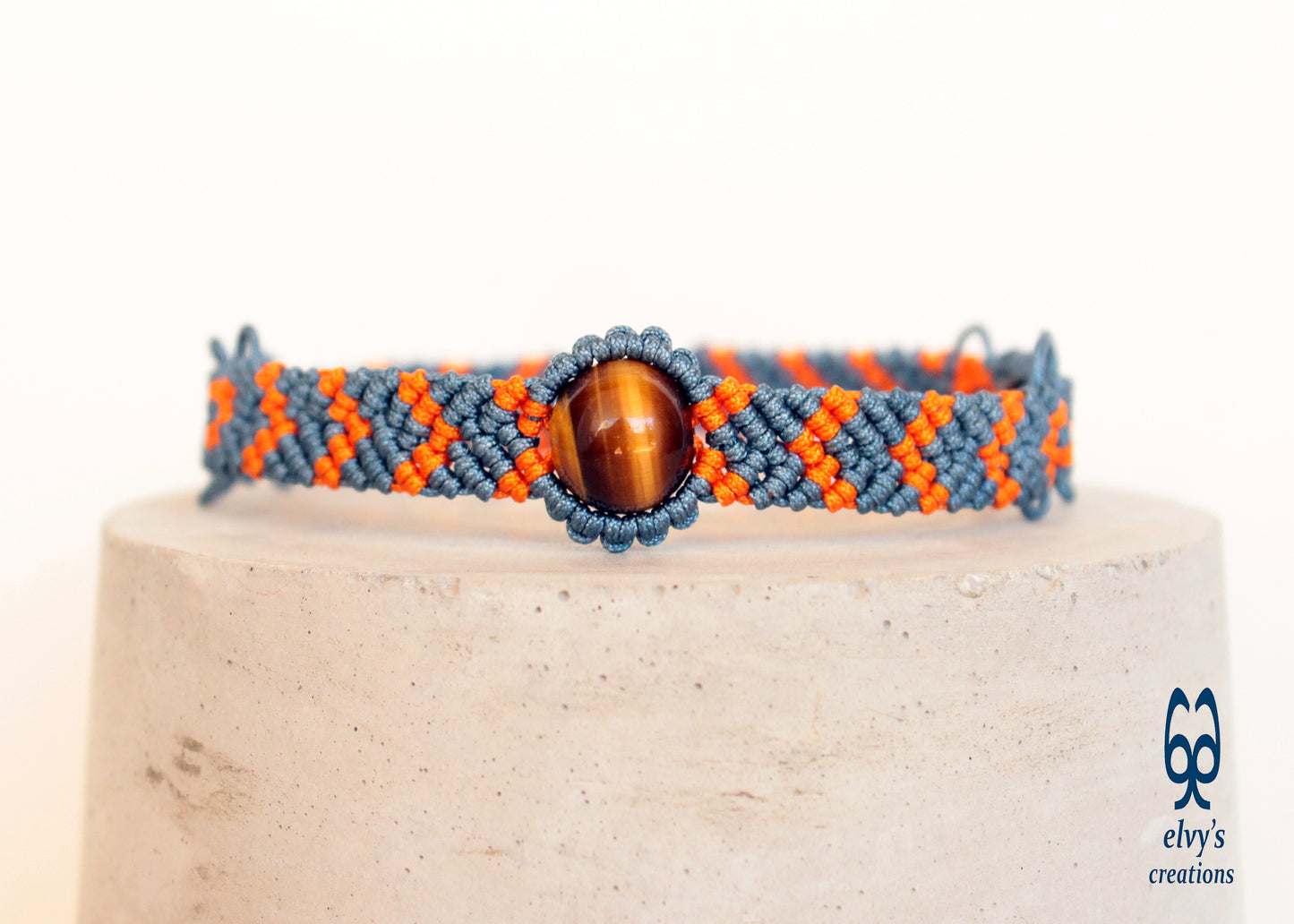 Orange and Gray Bracelet with Tiger Eye Natural Gem Adjustable Beaded Cuff Anklet for Women