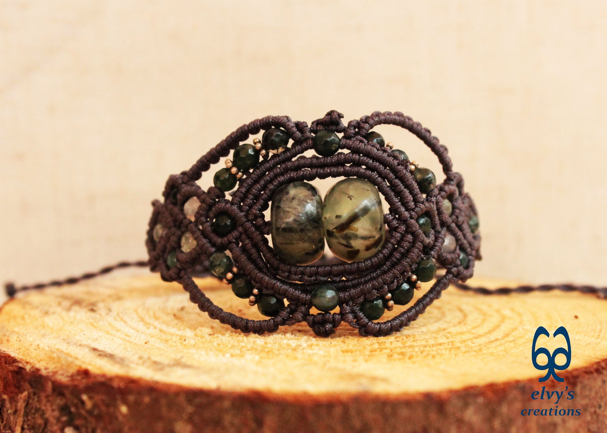 Handmade Grey Macrame Bracelet with Moss Agate Gemstones Adjustable Lace Bracelet