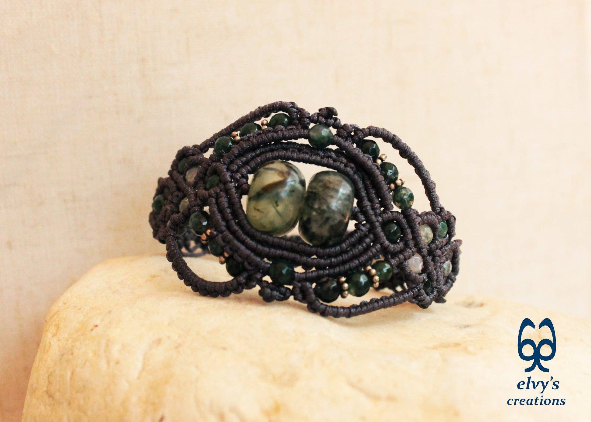 Handmade Grey Macrame Bracelet with Moss Agate Gemstones Adjustable Lace Bracelet