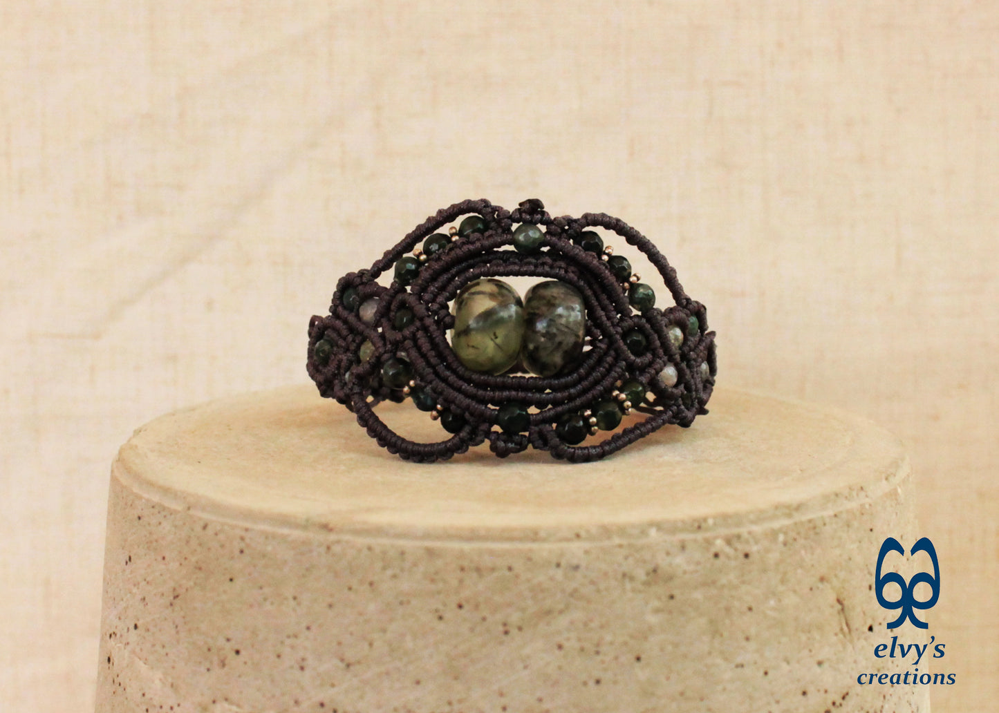 Handmade Grey Macrame Bracelet with Moss Agate Gemstones Adjustable Lace Bracelet