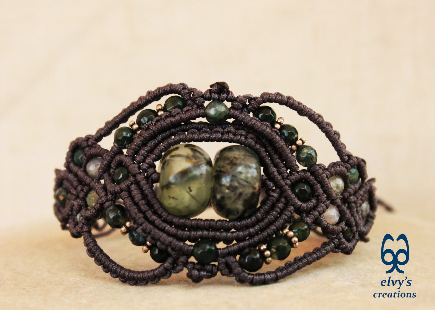 Handmade Grey Macrame Bracelet with Moss Agate Gemstones Adjustable Lace Bracelet