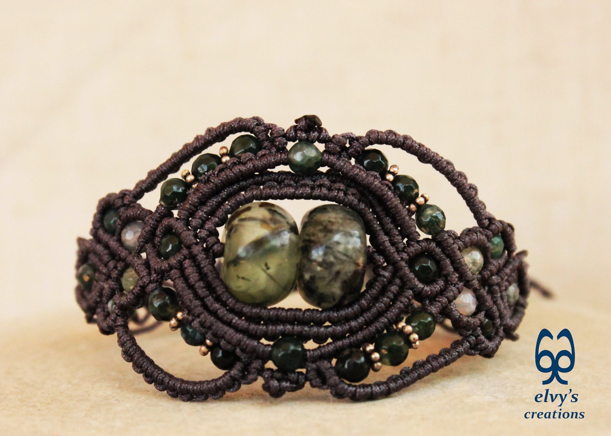 Handmade Grey Macrame Bracelet with Moss Agate Gemstones Adjustable Lace Bracelet
