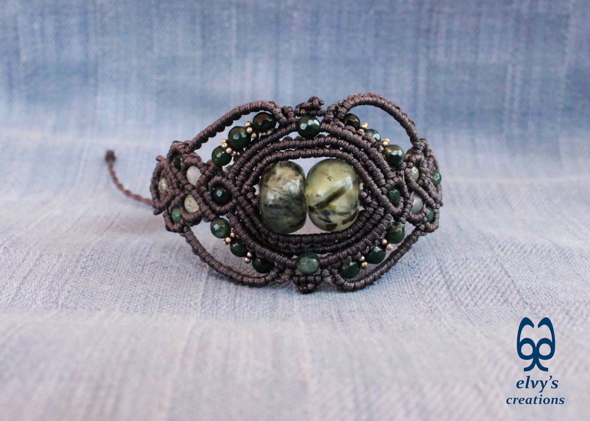 Handmade Grey Macrame Bracelet with Moss Agate Gemstones Adjustable Lace Bracelet