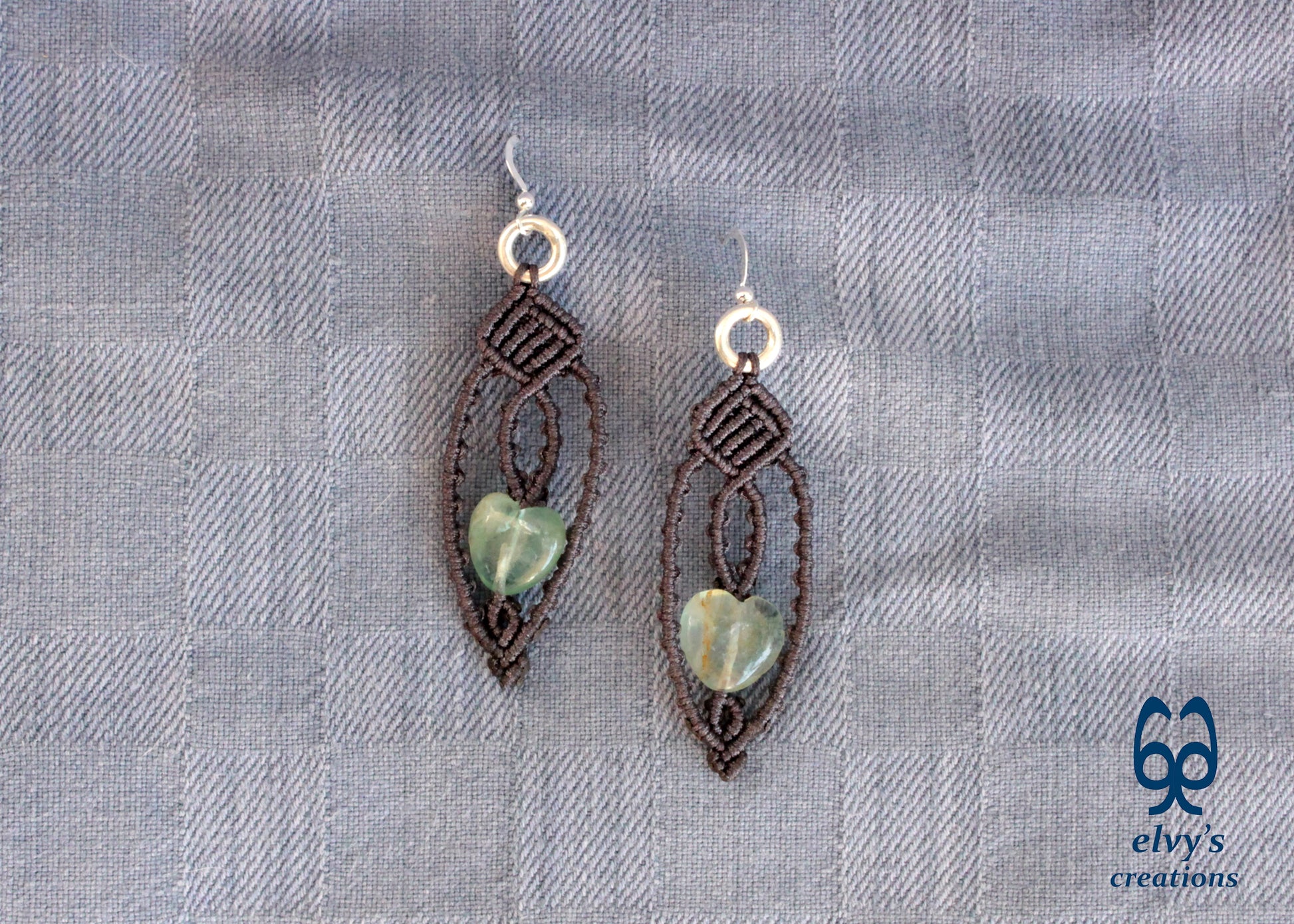 Handmade Grey Macrame Earrings with Lace Green Fluorite Heart Gemstones