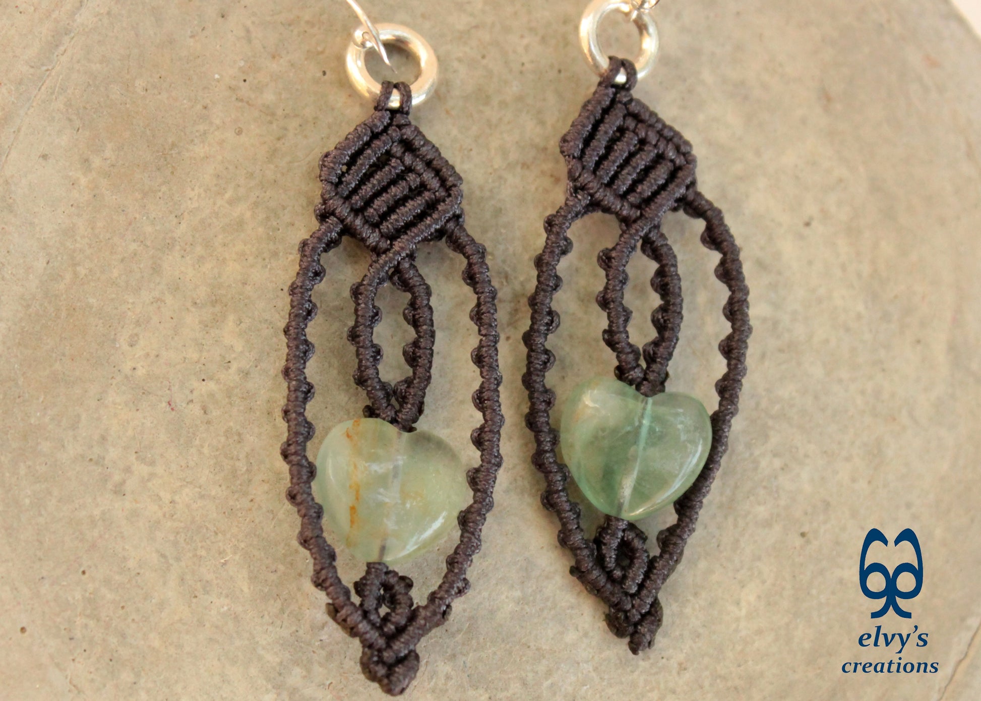 Handmade Grey Macrame Earrings with Lace Green Fluorite Heart Gemstones
