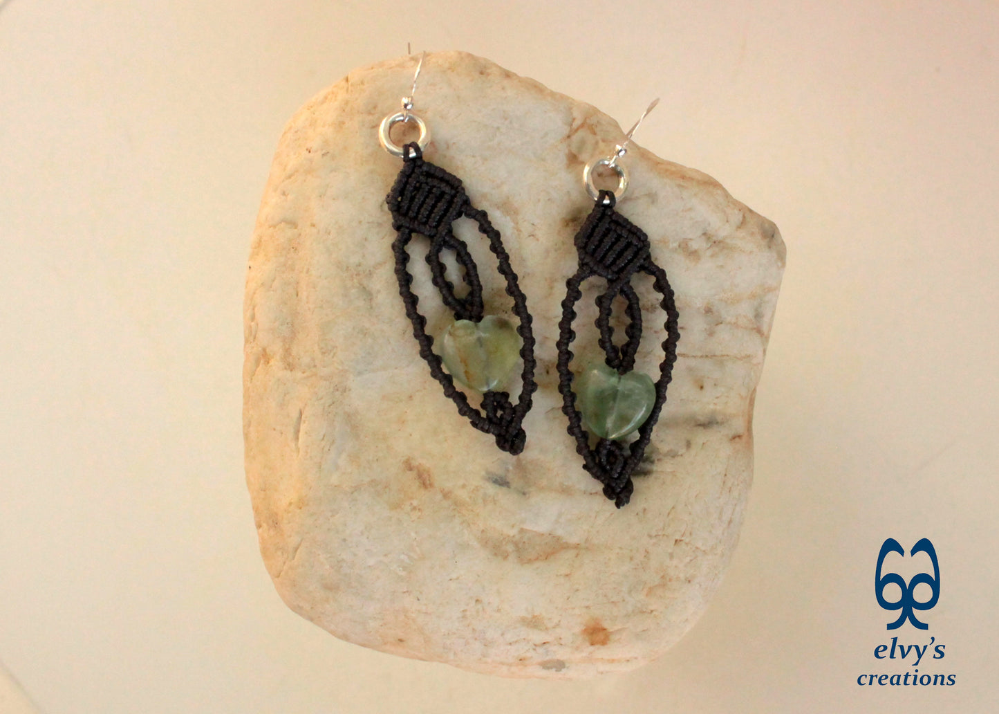 Handmade Grey Macrame Earrings with Lace Green Fluorite Heart Gemstones