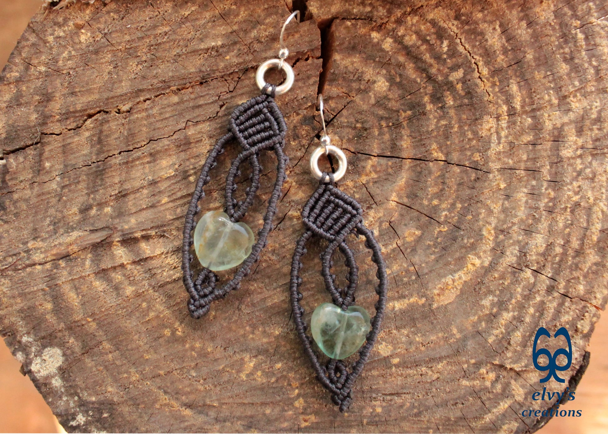 Handmade Grey Macrame Earrings with Lace Green Fluorite Heart Gemstones