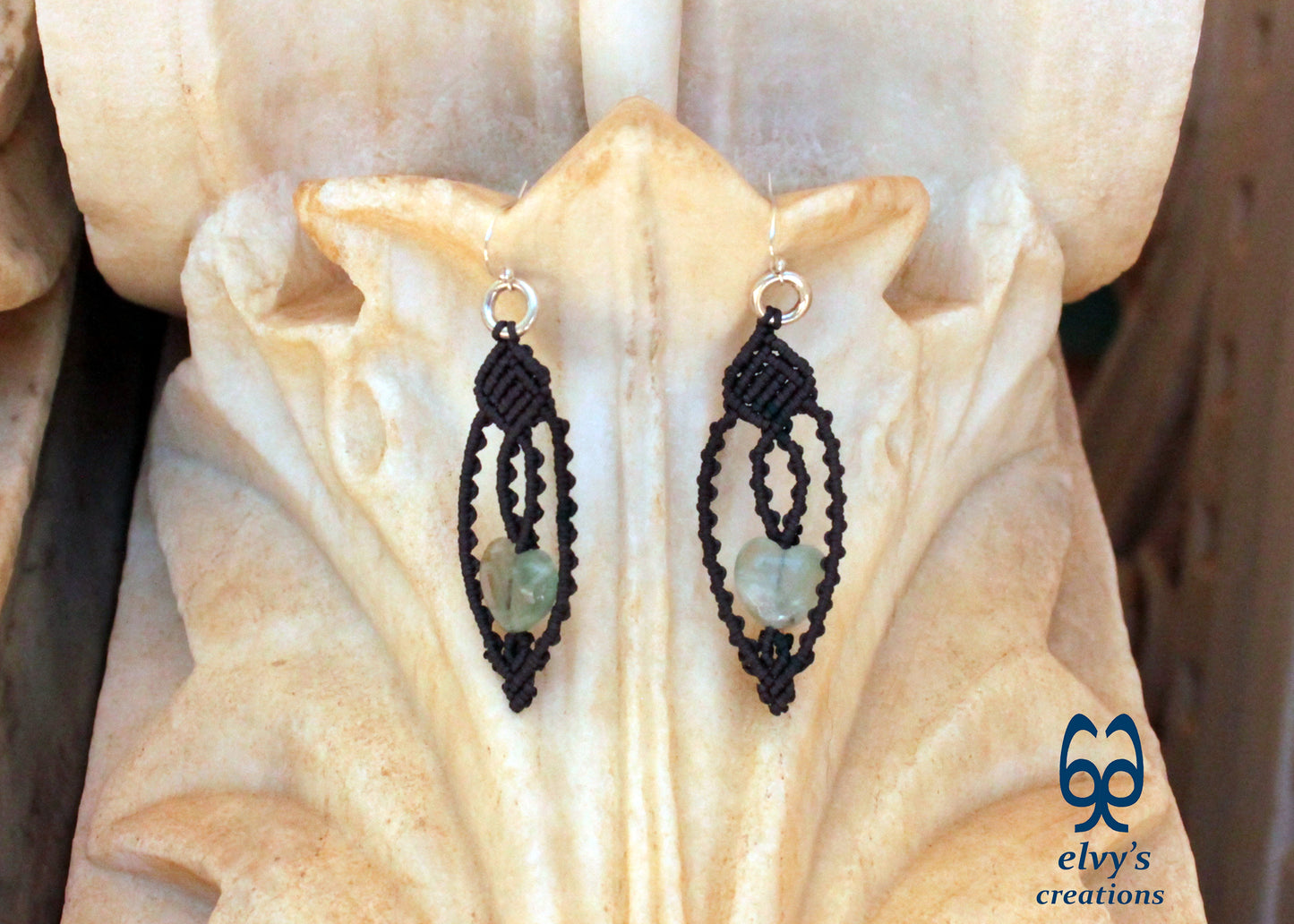Handmade Grey Macrame Earrings with Lace Green Fluorite Heart Gemstones
