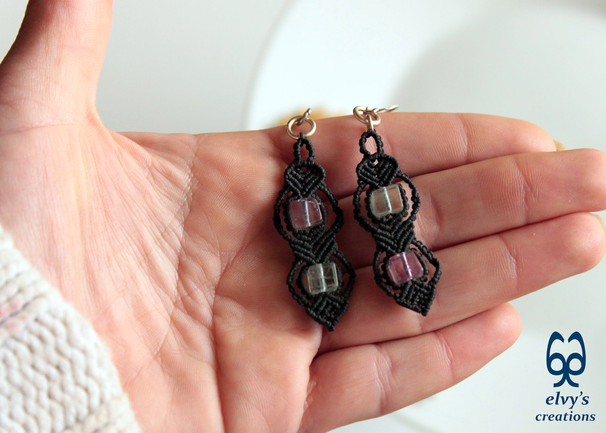 Handmade Silver Macrame Earrings,Fluorite Gemstone Beaded Earrings,Birthday Gift for Women