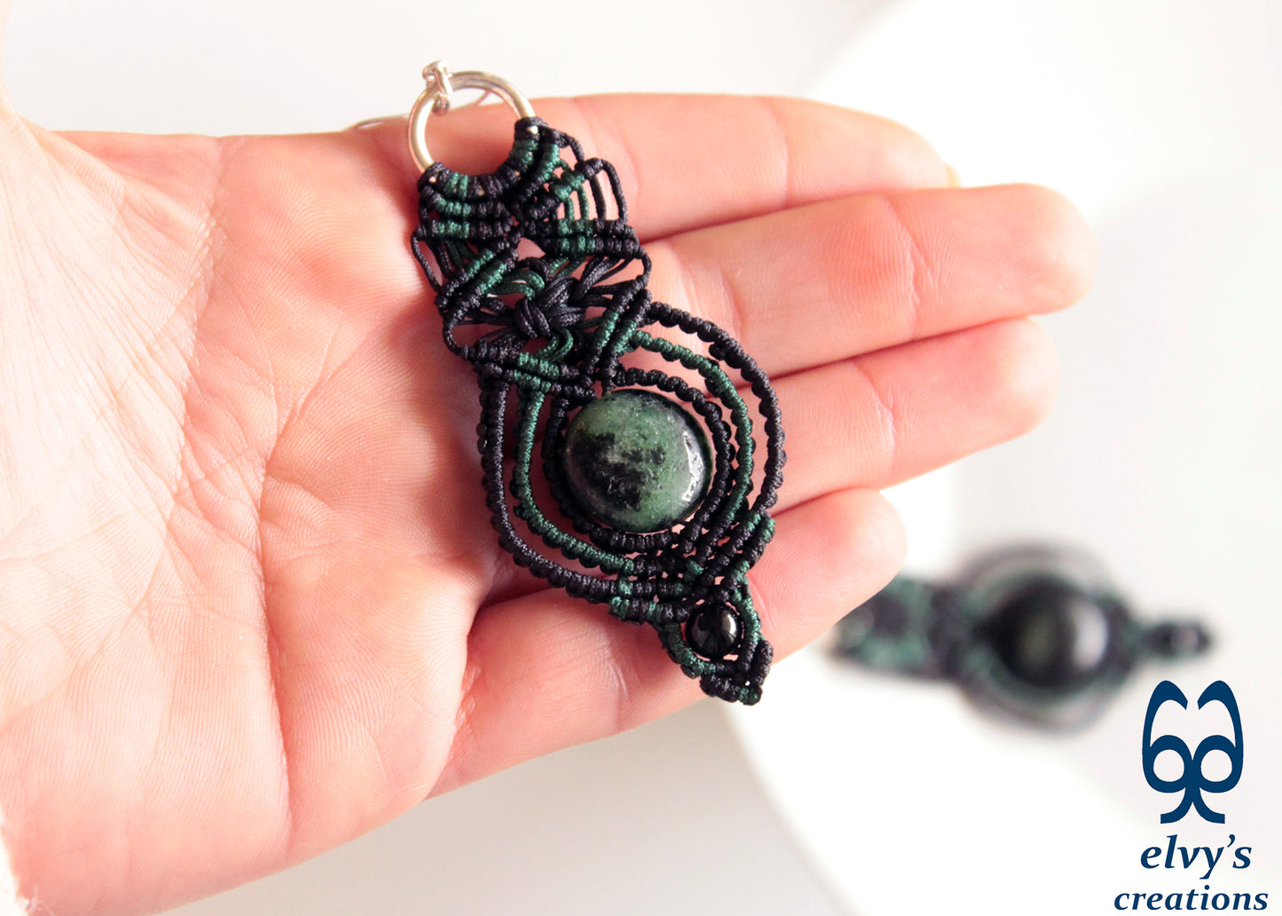 Black and Green Macrame Earrings with Onyx and Labradorite Gemstones