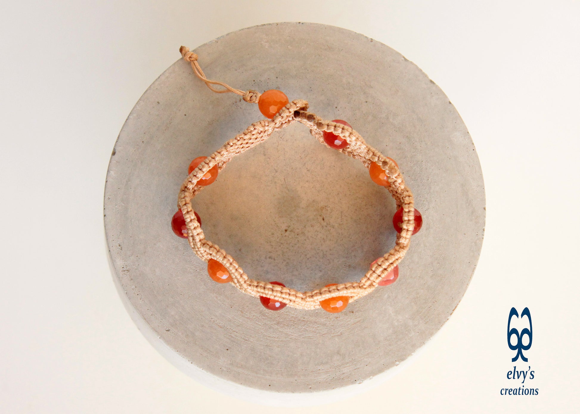 Brown Macrame Adjustable Beaded Bracelet Carnelian Healer Gems Orange and Pink Natural Beads