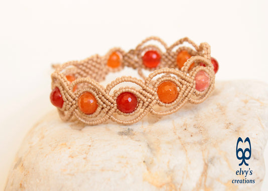 Brown Macrame Adjustable Beaded Bracelet Carnelian Healer Gems Orange and Pink Natural Beads