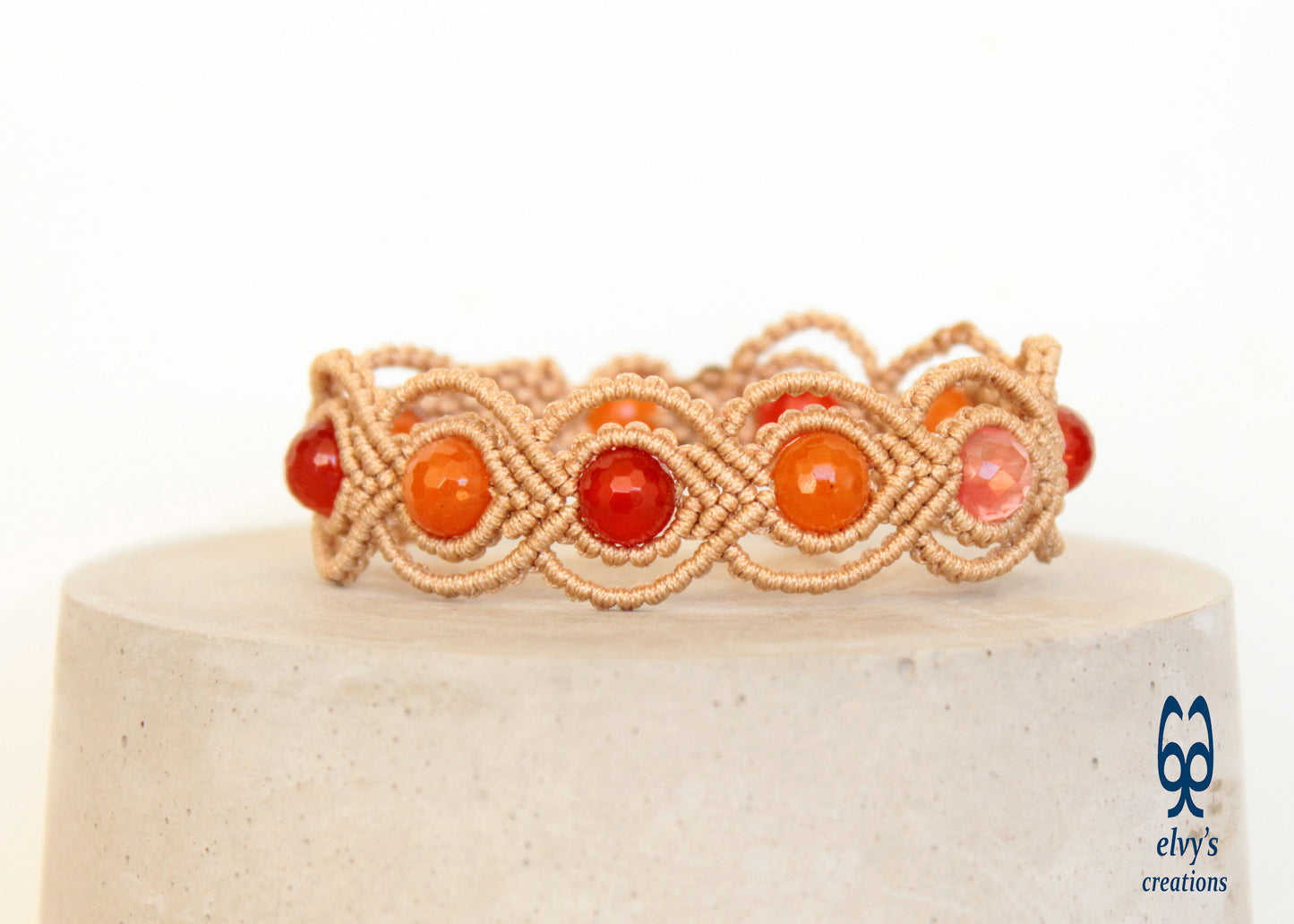 Brown Macrame Adjustable Beaded Bracelet Carnelian Healer Gems Orange and Pink Natural Beads