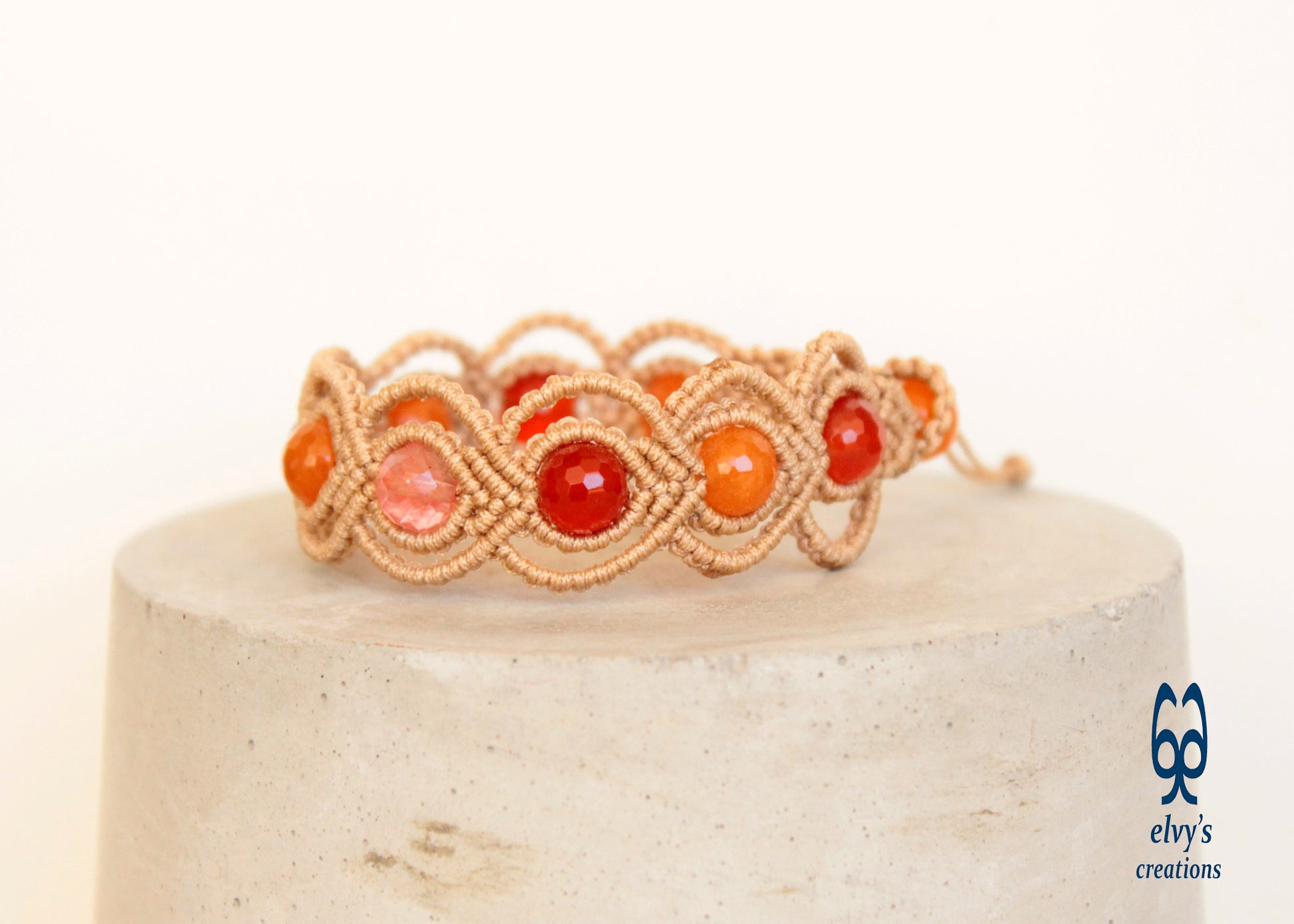 Brown Macrame Adjustable Beaded Bracelet Carnelian Healer Gems Orange and Pink Natural Beads