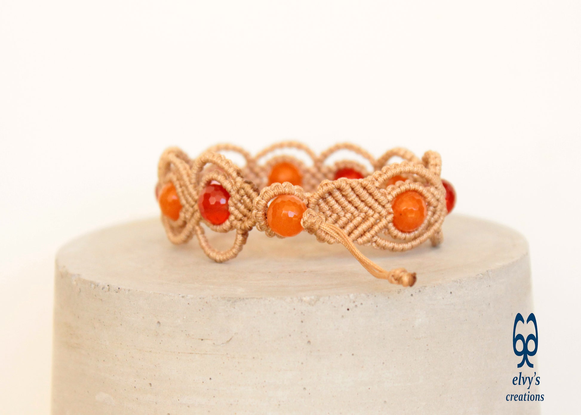 Brown Macrame Adjustable Beaded Bracelet Carnelian Healer Gems Orange and Pink Natural Beads