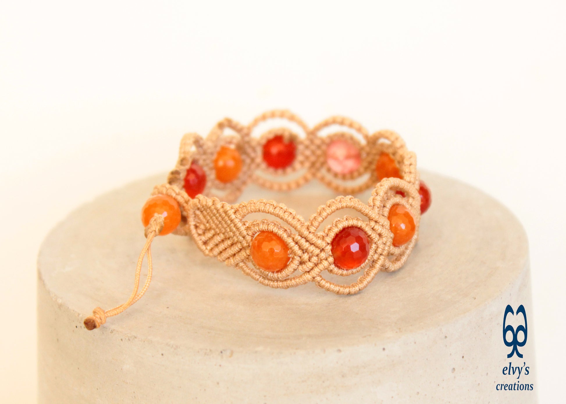 Brown Macrame Adjustable Beaded Bracelet Carnelian Healer Gems Orange and Pink Natural Beads