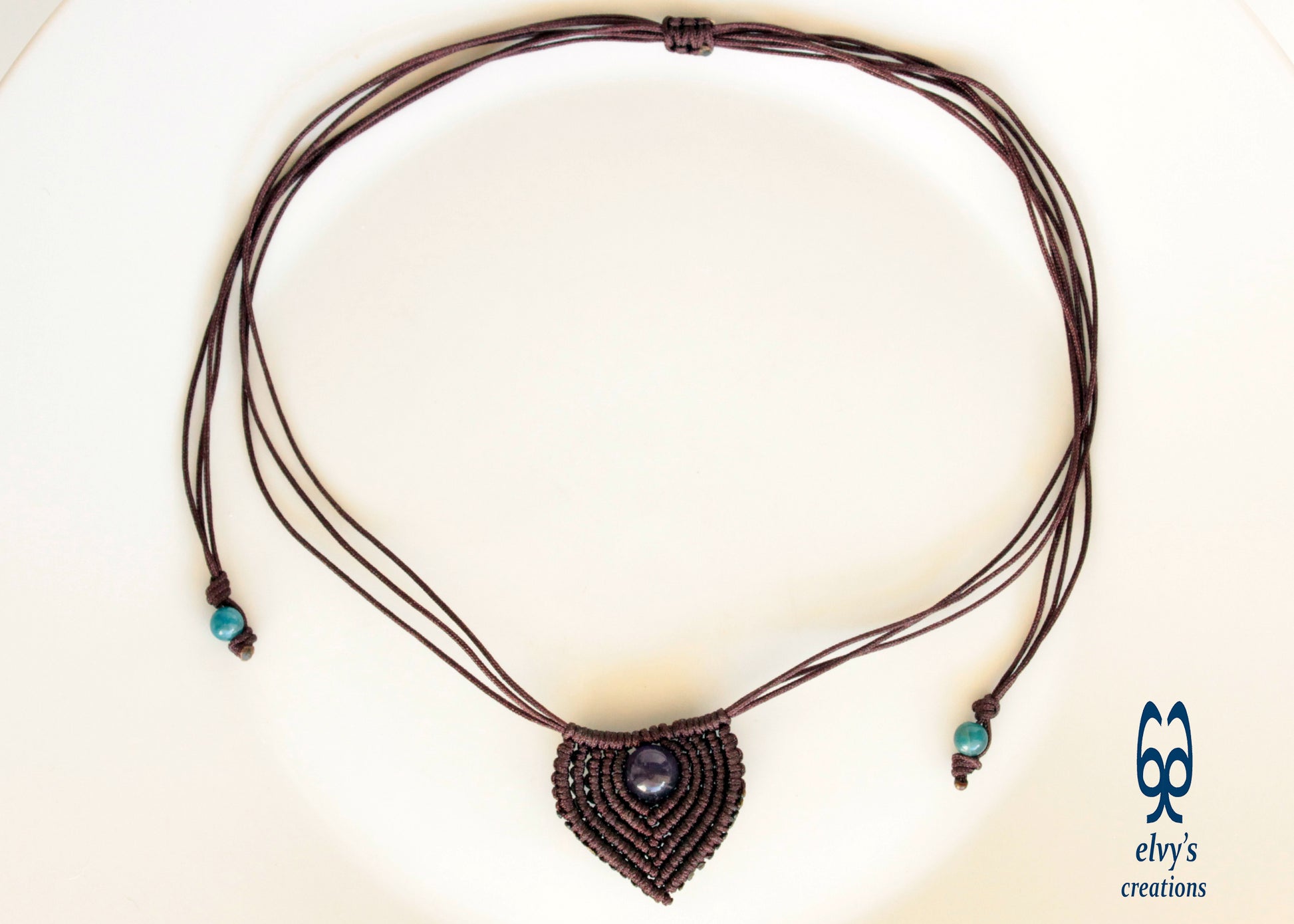 Unisex Brown Amethyst and Blue Apatite Macrame Beaded Necklace