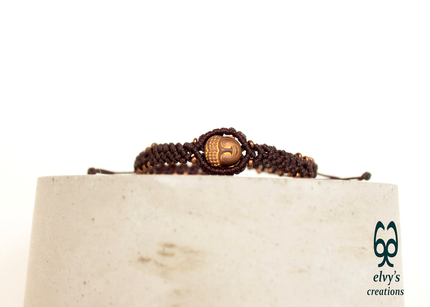 Handmade Brown Macrame Bracelet Adjustable Cuff with Natural Bronze Hematite Buddha for Women