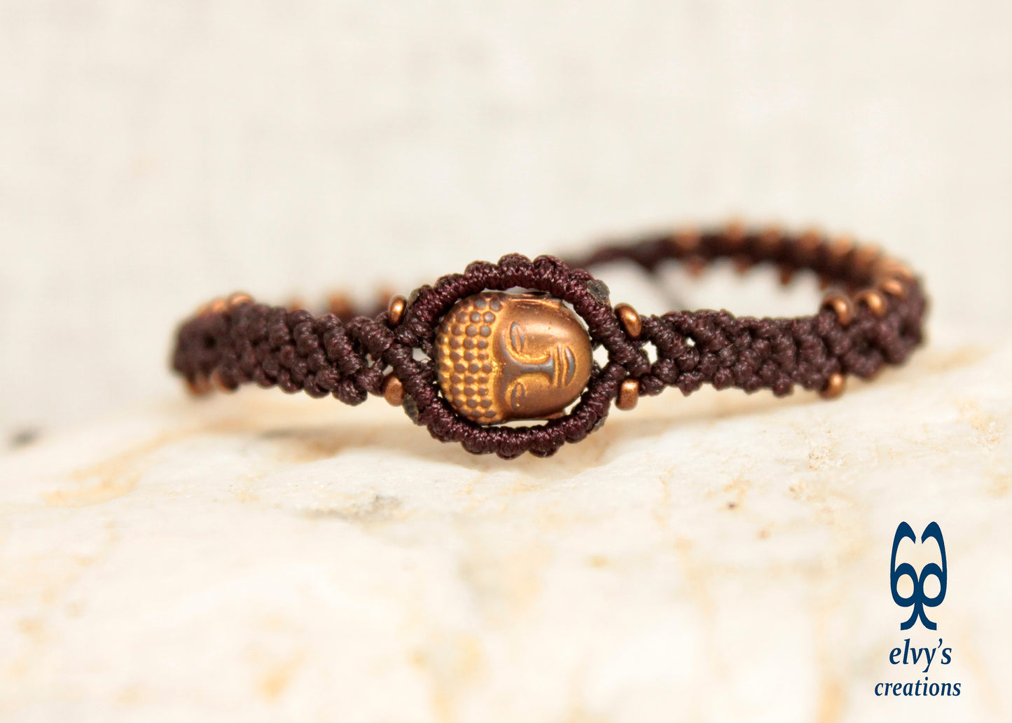 Handmade Brown Macrame Bracelet Adjustable Cuff with Natural Bronze Hematite Buddha for Women