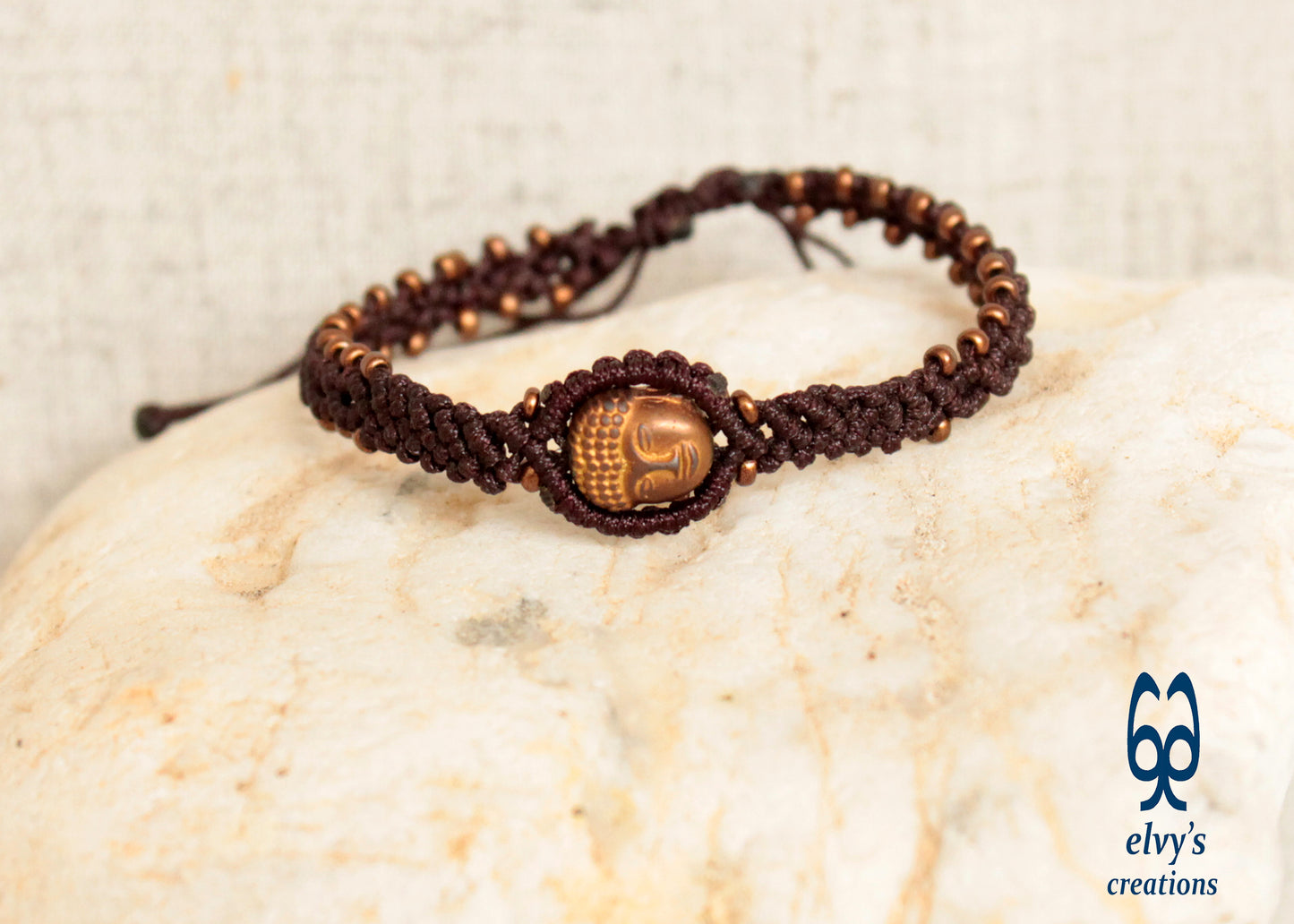 Handmade Brown Macrame Bracelet Adjustable Cuff with Natural Bronze Hematite Buddha for Women