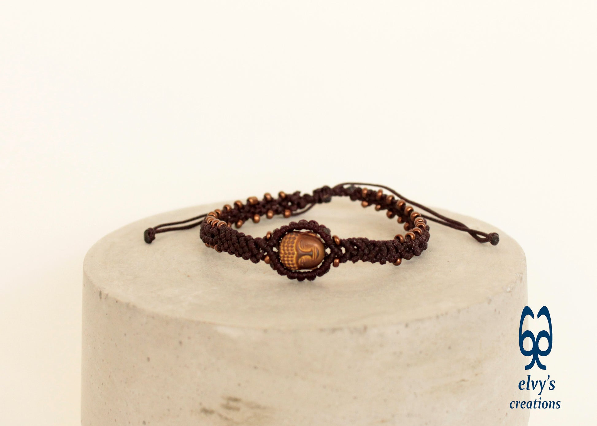 Handmade Brown Macrame Bracelet Adjustable Cuff with Natural Bronze Hematite Buddha for Women