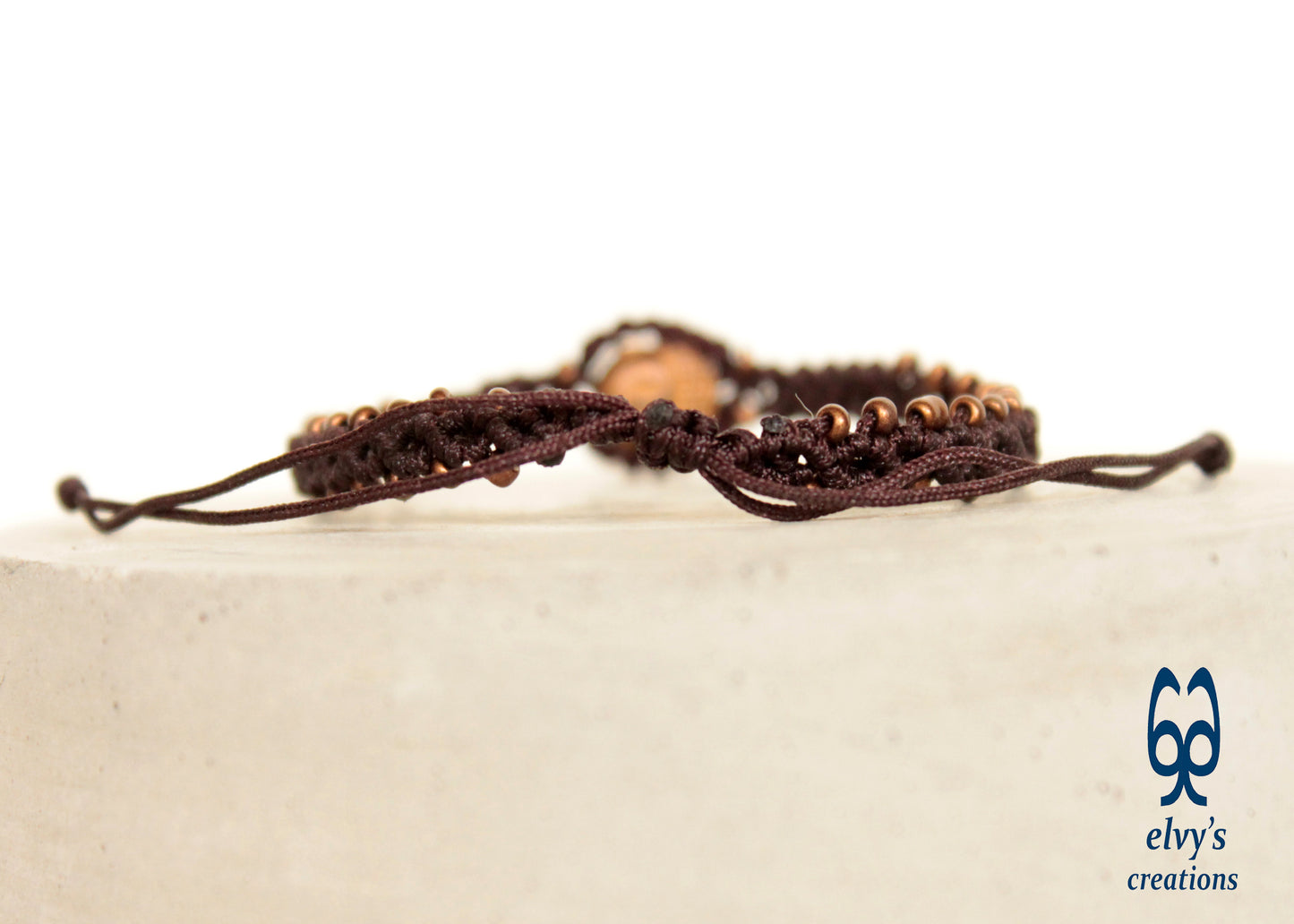 Handmade Brown Macrame Bracelet Adjustable Cuff with Natural Bronze Hematite Buddha for Women