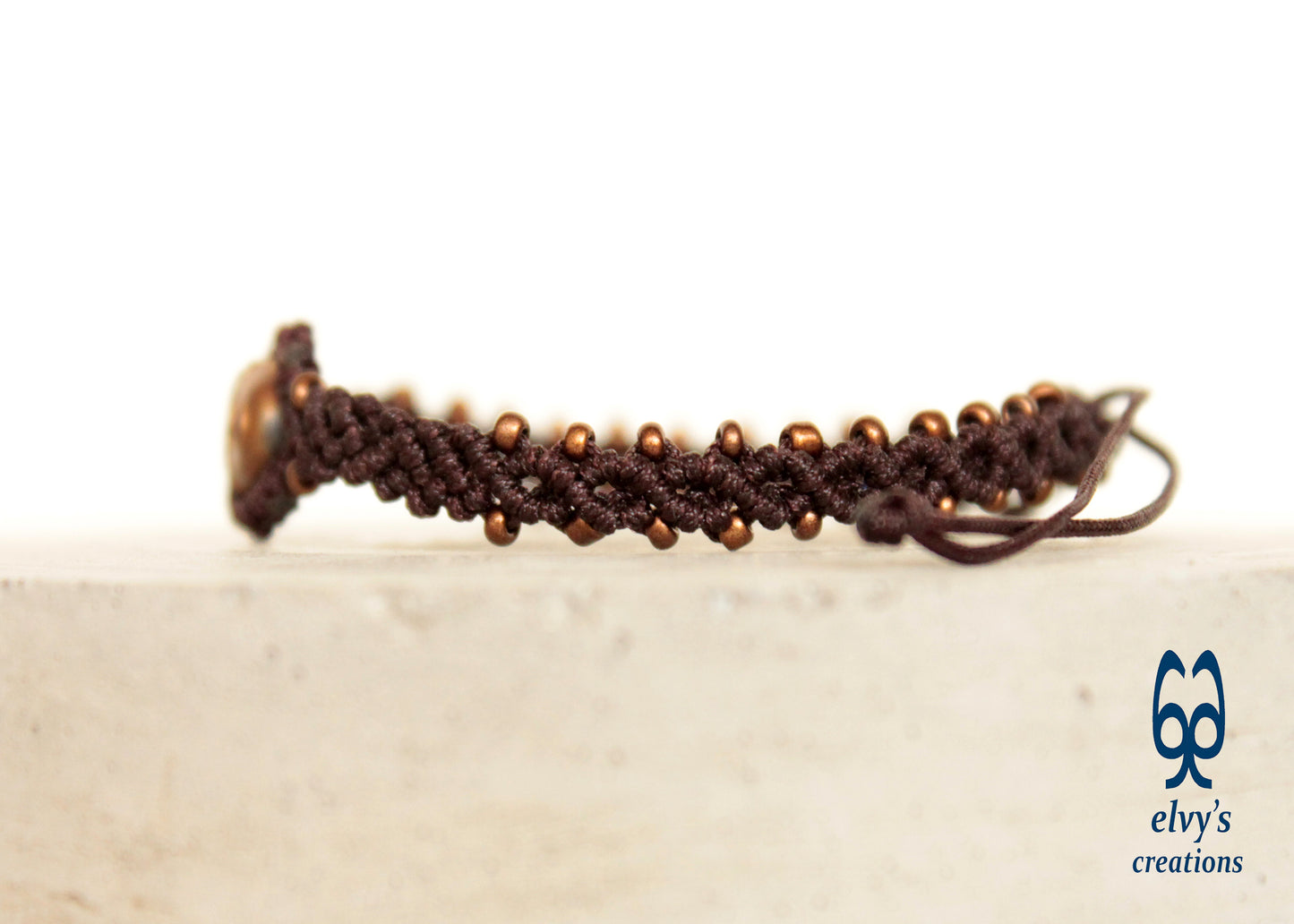 Handmade Brown Macrame Bracelet Adjustable Cuff with Natural Bronze Hematite Buddha for Women