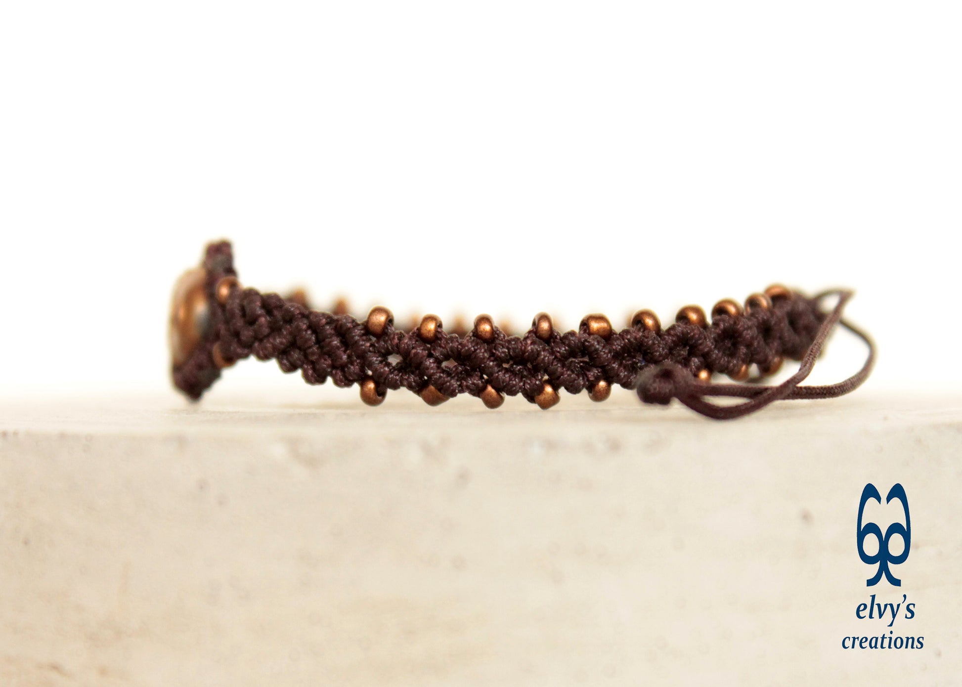 Handmade Brown Macrame Bracelet Adjustable Cuff with Natural Bronze Hematite Buddha for Women