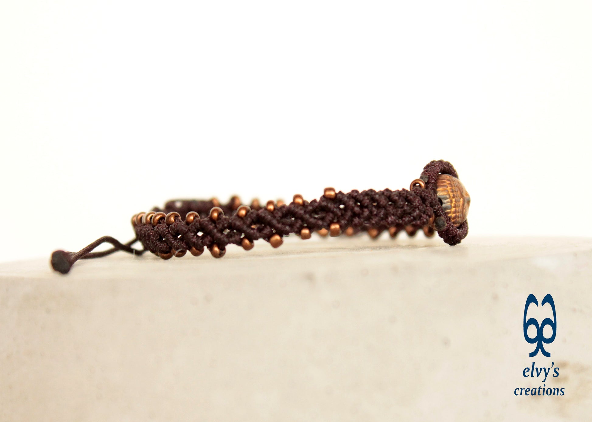 Handmade Brown Macrame Bracelet Adjustable Cuff with Natural Bronze Hematite Buddha for Women